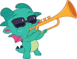 Size: 1207x920 | Tagged: safe, artist:prixy05, derpibooru import, sparky sparkeroni, dragon, g5, my little pony: tell your tale, baby, baby dragon, bowtie, image, male, musical instrument, png, simple background, solo, sunglasses, transparent background, trumpet, vector