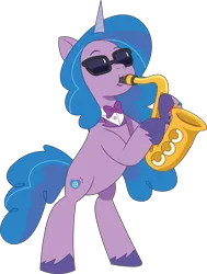 Size: 1457x1932 | Tagged: safe, artist:prixy05, derpibooru import, izzy moonbow, pony, unicorn, g5, my little pony: tell your tale, bipedal, bowtie, female, horn, image, mare, musical instrument, png, saxophone, simple background, solo, sunglasses, transparent background, vector