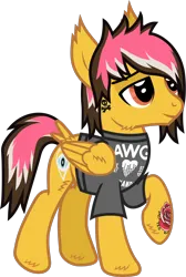 Size: 860x1279 | Tagged: safe, artist:lightningbolt, derpibooru import, ponified, pegasus, pony, .svg available, alex gaskarth, all time low, butt fluff, cheek fluff, clothes, derpibooru exclusive, dyed mane, dyed tail, ear fluff, folded wings, hair over one eye, hoof fluff, image, lidded eyes, png, raised hoof, shirt, show accurate, simple background, smiling, solo, standing, t-shirt, tail, tail feathers, tattoo, transparent background, vector, wing fluff, wings