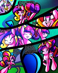 Size: 2400x3000 | Tagged: safe, artist:keytee-chan, derpibooru import, princess cadance, princess celestia, twilight sparkle, twilight sparkle (alicorn), alicorn, pony, unicorn, comic:great big fusion 4: mother of all, ^^, age regression, comic, eyes closed, female, glow, glowing horn, grave, grin, horn, image, implied applejack, implied pear butter, lidded eyes, lipstick, lonely, magic, mare, open mouth, open smile, png, sad, smiling, sun, trio, young cadance, younger