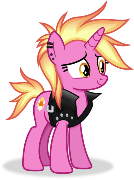 Size: 2633x3539 | Tagged: safe, artist:anime-equestria, derpibooru import, luster dawn, pony, unicorn, alternate hairstyle, belt buckle, clothes, ear piercing, female, horn, image, jacket, mare, piercing, png, punk, simple background, smiling, solo, transparent background, vector