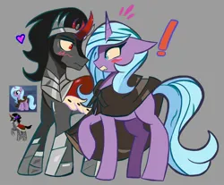 Size: 2048x1698 | Tagged: safe, artist:billtism, derpibooru import, idw, king sombra, radiant hope, pony, unicorn, armor, blushing, cape, clothes, exclamation point, female, g4, gray background, heart, horn, image, jpeg, looking at each other, looking at someone, male, ship:hopebra, shipping, simple background, straight