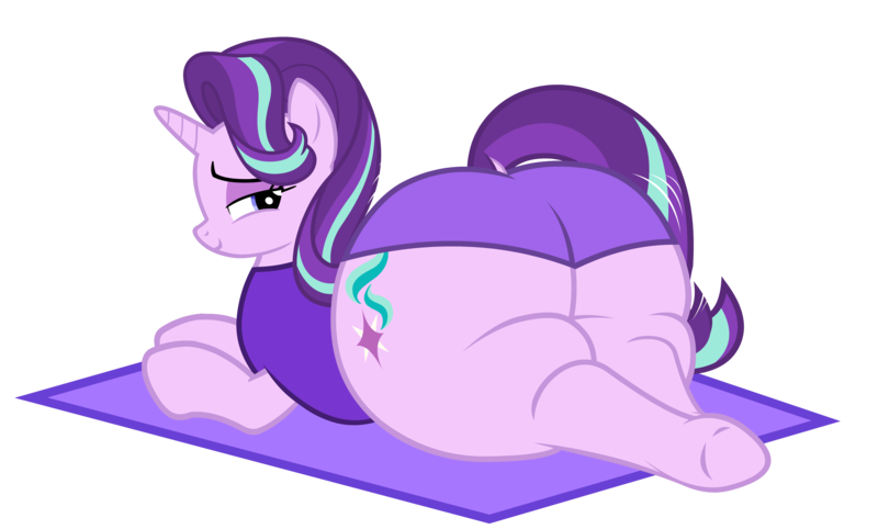 Size: 6006x3619 | Tagged: suggestive, alternate version, artist:duskyzombie, derpibooru import, starlight glimmer, pony, unicorn, g4, bedroom eyes, butt, carpet, clothes, female, glimmer glutes, horn, image, large butt, lidded eyes, looking back, lying down, png, simple background, smiling, smirk, solo, the ass was fat, transparent background, underwear, vector