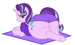 Size: 6006x3619 | Tagged: suggestive, alternate version, artist:duskyzombie, derpibooru import, starlight glimmer, pony, unicorn, bedroom eyes, butt, carpet, clothes, female, g4, glimmer glutes, horn, image, large butt, lidded eyes, looking back, lying down, png, simple background, smiling, smirk, solo, the ass was fat, transparent background, underwear, vector