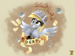 Size: 2400x1800 | Tagged: safe, artist:darksly, derpibooru import, derpy hooves, pegasus, pony, banner, bubble, colander, commission, cute, derpabetes, female, grin, image, jpeg, letter, mare, smiling, solo, spread wings, tattoo, wings