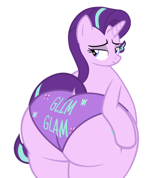 Size: 5809x6161 | Tagged: suggestive, alternate version, artist:duskyzombie, derpibooru import, starlight glimmer, pony, unicorn, bedroom eyes, bipedal, butt, butt touch, clothes, dialogue, dock, eyes closed, female, g4, glimmer glutes, horn, huge butt, image, large butt, lidded eyes, looking back, mare, plot, png, socks, solo, tail, the ass was fat, underwear, wide hips