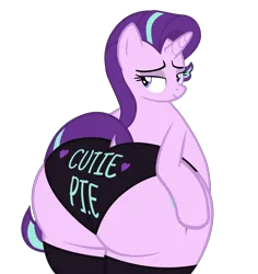 Size: 5809x6161 | Tagged: suggestive, artist:duskyzombie, derpibooru import, starlight glimmer, pony, unicorn, bedroom eyes, bipedal, butt, butt touch, clothes, dialogue, dock, eyes closed, female, g4, glimmer glutes, horn, huge butt, image, large butt, lidded eyes, looking back, mare, plot, png, socks, solo, tail, the ass was fat, underwear, wide hips