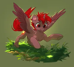 Size: 2400x2193 | Tagged: safe, artist:graypillow, derpibooru import, oc, oc:hardy, alicorn, pony, behaving like a cat, chest fluff, dynamic pose, full body, grass, heart ears, high res, image, male, png, solo, spread wings, stallion, wings