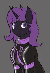 Size: 1130x1636 | Tagged: safe, anonymous artist, derpibooru import, oc, unofficial characters only, pony, unicorn, collar, female, fireheart76's latex suit design, horn, image, latex, latex suit, mare, png, prisoners of the moon, rubber, rubber suit, solo, style emulation