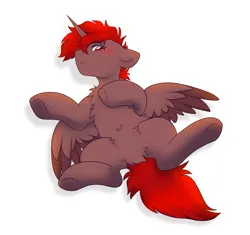 Size: 3375x3169 | Tagged: safe, artist:mariashek, derpibooru import, oc, oc:hardy, alicorn, pony, belly fluff, blushing, chest fluff, full body, high res, image, looking at you, lying down, male, on back, png, simple background, solo, spread legs, spread wings, spreading, stallion, underhoof, white background, wings