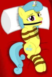 Size: 2900x4300 | Tagged: safe, artist:cardshark777, derpibooru import, lemon hearts, pony, unicorn, ballgag, bed, bed sheets, bondage, bound and gagged, female, femsub, g4, gag, heart, helpless, hooves behind back, horn, horn ring, image, jewelry, lidded eyes, looking at you, lying down, magic suppression, mare, pillow, png, ring, rope, rope bondage, smiling, solo, submissive, tied up