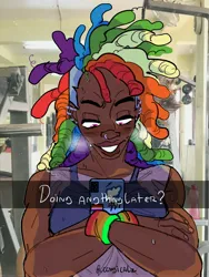 Size: 3024x4032 | Tagged: safe, artist:ccnyicalz, derpibooru import, rainbow dash, human, bracelet, clothes, dreadlocks, gym, humanized, image, jewelry, jpeg, lotion, mobile phone, muscles, nose piercing, nose ring, phone, piercing, race swap, tanktop, text