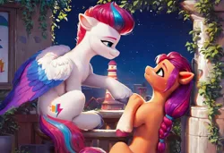 Size: 1216x832 | Tagged: safe, ai content, anonymous prompter, derpibooru import, machine learning generated, stable diffusion, sunny starscout, zipp storm, earth pony, pegasus, pony, g5, boop, duo, duo female, female, generator:pony diffusion v6 xl, image, jpeg, lighthouse, looking at each other, looking at someone, mare, night, starry night, vine