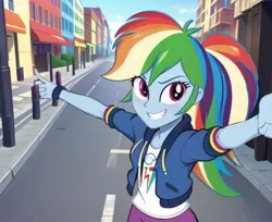 Size: 776x634 | Tagged: safe, ai content, derpibooru import, machine learning generated, prompter:bigfanbud123, rainbow dash, equestria girls, city, clothes, female, g4, hoodie, image, jacket, png, ponytail, shirt, smiling, street, t-shirt