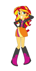 Size: 920x1823 | Tagged: safe, artist:qbert2kcat, derpibooru import, sunset shimmer, human, equestria girls, boots, clothes, female, g4, high heel boots, image, jacket, png, pose, shirt, shoes, simple background, skirt, smiling, transparent background