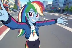 Size: 768x512 | Tagged: safe, ai content, derpibooru import, machine learning generated, prompter:bigfanbud123, rainbow dash, human, equestria girls, city, clothes, female, g4, hoodie, image, jacket, pants, png, shirt, smiling, street, t-shirt