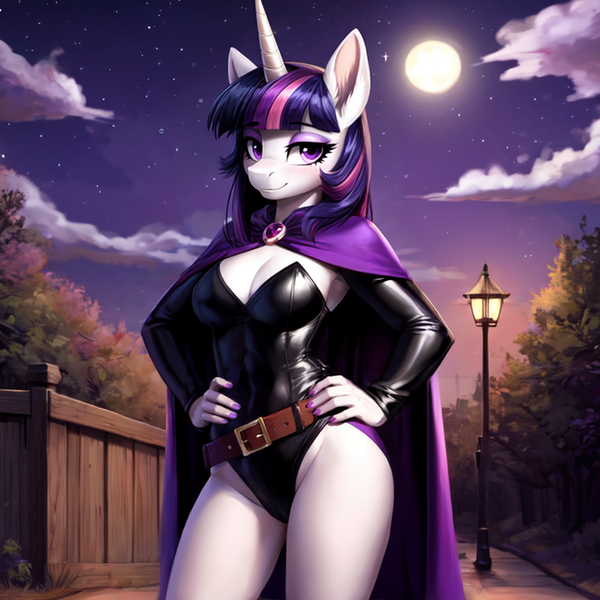 Size: 656x656 | Tagged: suggestive, ai content, derpibooru import, machine learning generated, prompter:dordrago, twilight sparkle, anthro, unicorn, bedroom eyes, belt, black leotard, breasts, busty twilight sparkle, cape, cloak, clothes, cosplay, costume, dc comics, eyeshadow, hand on hip, horn, image, latex, latex leotard, leotard, makeup, moon, nail polish, night, nightmare night costume, outdoors, park, png, purple mane, raven (dc comics), sexy, standing, starry night, streetlight, stupid sexy twilight, teen titans, unicorn twilight, voice actor joke