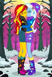 Size: 832x1216 | Tagged: safe, ai content, machine learning generated, prompter:tiamatnightmare, sunset shimmer, trixie, human, equestria girls, clothes, female, forest, hug, humanized, image, jpeg, lesbian, shipping, snow, suntrix, tree, winter, winter outfit