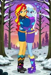Size: 832x1216 | Tagged: suggestive, ai content, machine learning generated, prompter:tiamatnightmare, sunset shimmer, trixie, human, equestria girls, clothes, female, forest, hug, humanized, image, jpeg, lesbian, shipping, snow, suntrix, tree, winter, winter outfit