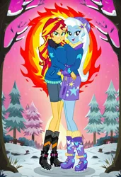 Size: 832x1216 | Tagged: suggestive, ai content, machine learning generated, prompter:tiamatnightmare, sunset shimmer, trixie, human, equestria girls, clothes, female, forest, hug, humanized, image, jpeg, lesbian, shipping, snow, suntrix, tree, winter, winter outfit