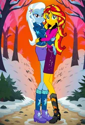 Size: 832x1216 | Tagged: safe, ai content, machine learning generated, prompter:tiamatnightmare, sunset shimmer, trixie, human, equestria girls, clothes, female, forest, hug, humanized, image, jpeg, lesbian, shipping, snow, suntrix, tree, winter, winter outfit