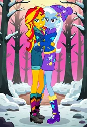 Size: 832x1216 | Tagged: safe, ai content, machine learning generated, prompter:tiamatnightmare, sunset shimmer, trixie, human, equestria girls, clothes, female, forest, hug, humanized, image, jpeg, lesbian, shipping, snow, suntrix, tree, winter, winter outfit