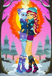Size: 832x1216 | Tagged: safe, ai content, machine learning generated, prompter:tiamatnightmare, sunset shimmer, trixie, human, equestria girls, clothes, female, forest, hug, humanized, image, jpeg, lesbian, shipping, snow, suntrix, tree, winter, winter outfit