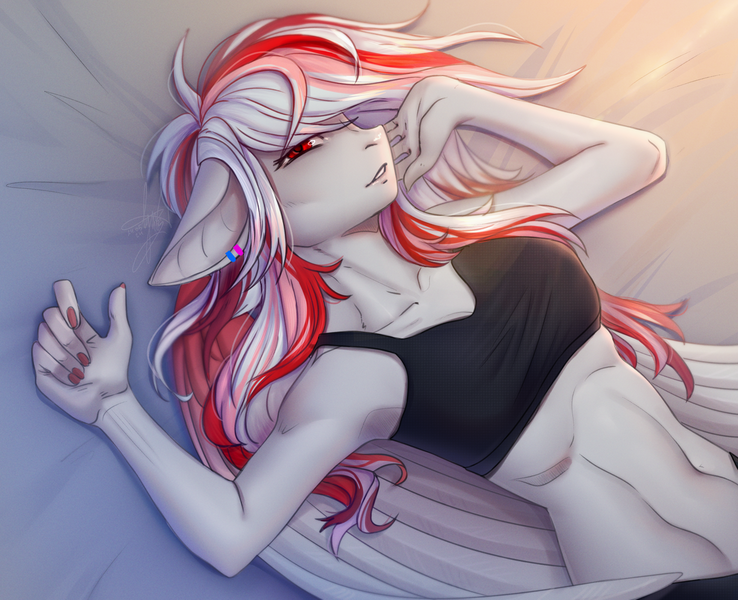 Size: 2818x2292 | Tagged: safe, alternate version, artist:lynex_483, derpibooru import, part of a set, oc, oc:skyshard melody, unofficial characters only, anthro, pegasus, pony, bed, black bra, black panties, black underwear, bra, clothes, commission, ear piercing, earring, female, image, jewelry, lying down, mare, on back, panties, piercing, png, red eyes, red hair, relaxing, simple background, smiling, solo, sports bra, underwear, white fur, white hair, wings, ych result