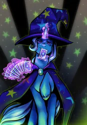 Size: 1120x1605 | Tagged: safe, artist:spenaatti, derpibooru import, trixie, pony, unicorn, abstract background, brooch, cape, card, clothes, female, g4, hat, horn, image, jewelry, jpeg, looking at you, magic, magic aura, mare, raised hoof, smiling, smiling at you, solo, stars, telekinesis, trixie's brooch, trixie's cape, trixie's hat, unshorn fetlocks