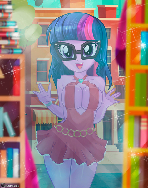 Size: 903x1144 | Tagged: suggestive, artist:charliexe, derpibooru import, sci-twi, twilight sparkle, human, equestria girls, against glass, book, bookshelf, breasts, busty sci-twi, female, g4, glass, image, jpeg, solo