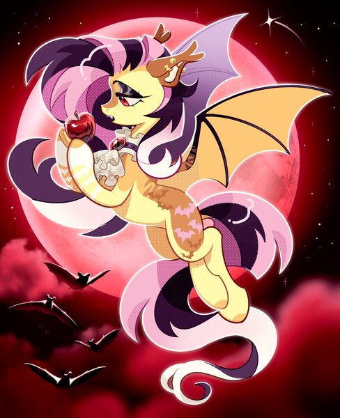 Size: 1665x2048 | Tagged: safe, artist:rotten_hyena, derpibooru import, fluttershy, bat, bat pony, pony, apple, bat ponified, blood moon, coat markings, ear piercing, earring, fangs, female, flutterbat, flying, food, g4, image, jewelry, jpeg, mare, moon, piercing, race swap, solo