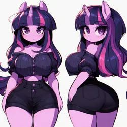 Size: 1024x1024 | Tagged: safe, ai content, derpibooru import, machine learning generated, twilight sparkle, anthro, unicorn, adorasexy, bare shoulders, big breasts, breasts, busty twilight sparkle, butt, clothes, curvy, cute, female, frown, g4, horn, hourglass figure, image, impossibly thin waist, large butt, midriff, no tail, png, prompter:horselover fat, sexy, short, short shirt, shorts, shortstack, shoulderless, side view, sideboob, simple background, solo, standing, stupid sexy twilight, thigh gap, turnaround, twibutt, wasp waist, white background, wide hips