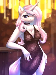 Size: 1535x2048 | Tagged: suggestive, artist:alphadesu, derpibooru import, fleur-de-lis, anthro, pony, unicorn, breasts, busty fleur-de-lis, choker, cleavage, clothes, dress, eye clipping through hair, female, g4, horn, image, jpeg, leaning, looking at you, mare, solo, solo female