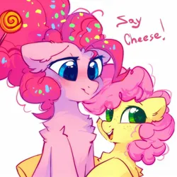Size: 1700x1700 | Tagged: safe, artist:mirtash, derpibooru import, li'l cheese, pinkie pie, earth pony, pegasus, pony, the last problem, blushing, candy, chest fluff, colt, cute, duo, ear fluff, female, fluffy, foal, food, freckles, g4, heart, heart eyes, image, jpeg, male, older, older pinkie pie, simple background, smiling, white background, wingding eyes