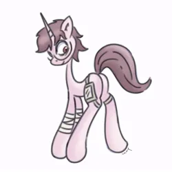 Size: 999x999 | Tagged: safe, artist:tuskonline, derpibooru import, oc, unofficial characters only, pony, unicorn, bandage, bandaged leg, brown mane, brown tail, eyewear, female, glasses, horn, image, jpeg, long legs, mare, pink body, ponysona, simple background, solo, tail, white background