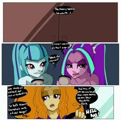 Size: 3000x3000 | Tagged: safe, artist:inuyuru, derpibooru import, adagio dazzle, aria blaze, sonata dusk, comic:dazzlings' van, equestria girls, :p, coffee, comic, dialogue, disgusted, driving, female, g4, high res, image, jpeg, pigtails, ponytail, speech bubble, text, the dazzlings, the dazzlings tour bus, tongue out, trio, trio female, twintails, varying degrees of want, vulgar