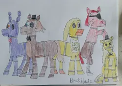 Size: 3429x2423 | Tagged: safe, artist:blackblade360, derpibooru import, ponified, earth pony, pony, robot, robot pony, bib, black eye, blue eyes, bonnie (fnaf), bowtie, brown coat, brown mane, chica, clothes, colored pencil drawing, creepy, crossover, endoskeleton, eraser, eyepatch, female, five nights at freddy's, foxy, freddy fazbear, goldenfreddy, hat, head tilt, image, irl, jpeg, long mane, looking at you, male, multiple characters, pants, paper, photo, pose, purple coat, purple eyes, rearing, red coat, red mane, robot hoove, roboticization, signature, simple background, sitting, table, traditional art, video game, video game crossover, white background, white pupils, yellow coat, yellow mane