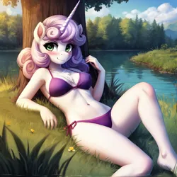 Size: 656x656 | Tagged: suggestive, ai content, derpibooru import, machine learning generated, prompter:dordrago, sweetie belle, anthro, pony, unicorn, bikini, breasts, busty sweetie belle, chest fluff, clothes, g4, horn, image, lake, lying down, png, purple bikini, sexy, smiling, stupid sexy sweetie belle, swimsuit, tree, tree trunk, water