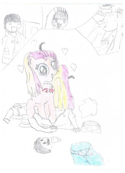 Size: 850x1169 | Tagged: safe, artist:kanna, derpibooru import, oc, unofficial characters only, earth pony, human, pony, human costume, human to pony, image, jpeg, mask, masking, open mouth, open smile, smiling, solo, traditional art