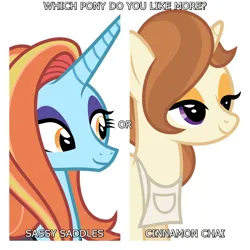 Size: 1080x1080 | Tagged: safe, artist:starryshineviolet, derpibooru import, edit, editor:jaredking779, cinnamon chai, sassy saddles, pony, unicorn, apron, bedroom eyes, clothes, duo, duo female, eyeshadow, female, g4, horn, image, jpeg, lidded eyes, makeup, mare, question, simple background, white background