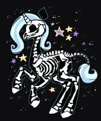 Size: 500x600 | Tagged: safe, artist:njeekyo, derpibooru import, trixie, pony, skeleton pony, unicorn, black background, bone, digital art, female, horn, image, mare, pixel art, png, rearing, simple background, skeleton, solo, stars
