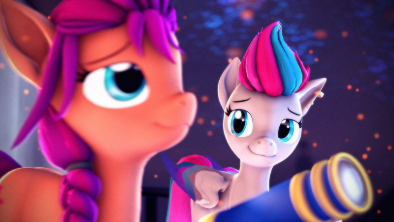Size: 3840x2160 | Tagged: safe, artist:psfmer, derpibooru import, sunny starscout, zipp storm, earth pony, pegasus, pony, g5, my little pony: a new generation, 3d, colored wings, duo, duo female, ear piercing, female, g4, g5 to g4, generation leap, high res, image, jewelry, lesbian, mare, multicolored wings, piercing, png, ship:sunnystorm, shipping, smiling, source filmmaker, telescope, wings