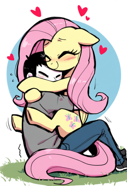 Size: 832x1216 | Tagged: prompter needed, safe, ai content, derpibooru import, machine learning generated, novelai, stable diffusion, fluttershy, oc, oc:anon, human, pegasus, pony, blushing, cute, daaaaaaaaaaaw, duo, eyes closed, female, floating heart, full body, g4, heart, hoof around neck, hug, human on pony snuggling, image, mare, png, smiling, snuggling