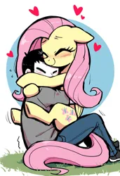 Size: 832x1216 | Tagged: prompter needed, safe, ai content, derpibooru import, machine learning generated, novelai, stable diffusion, fluttershy, human, pegasus, pony, blushing, cute, daaaaaaaaaaaw, duo, eyes closed, female, floating heart, full body, g4, heart, hoof around neck, hug, human on pony snuggling, image, mare, png, smiling, snuggling