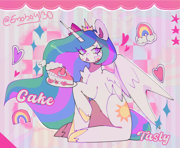 Size: 2048x1691 | Tagged: safe, artist:emoboy130, derpibooru import, princess celestia, alicorn, pony, :p, abstract background, cake, cake slice, cakelestia, chest fluff, colored, colored pinnae, concave belly, crown, ear fluff, ethereal mane, ethereal tail, eye clipping through hair, eyebrows, female, floating heart, food, g4, heart, hoof shoes, horn, image, jewelry, long horn, long mane, looking away, mare, missing accessory, multicolored mane, multicolored tail, partially open wings, pink eyes, pink text, png, princess shoes, raised eyebrow, raised hoof, regalia, shrunken pupils, signature, sitting, solo, sparkles, sticker, tail, text, thick eyelashes, tiara, tongue out, unicorn horn, wavy mane, white coat, wings, zoom layer