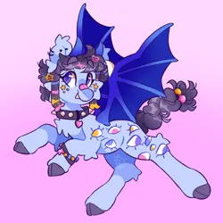 Size: 2048x2048 | Tagged: safe, artist:cocopudu, derpibooru import, oc, oc:flutterbug, unofficial characters only, bat pony, pony, bandaid, bandaid on nose, bat pony oc, bat wings, blaze (coat marking), blue coat, bracelet, braid, braided tail, cheek fluff, chest fluff, cloven hooves, coat markings, collar, colored, colored hooves, colored wings, concave belly, dyed mane, ear fluff, ear piercing, ear tufts, earring, eye, eyelashes, eyes, facial markings, fangs, flying, gradient background, gray hooves, gray tail, hair accessory, hairclip, heart collar, image, industrial piercing, jewelry, leg fluff, mane accessory, multicolored mane, piercing, png, purple eyes, raccoon tail, raised hoof, raised hooves, rearing, shiny eyes, shiny mane, shiny tail, signature, solo, spiked collar, spread wings, tail, tied tail, two toned wings, wings