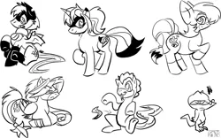 Size: 1066x664 | Tagged: safe, artist:kompy, derpibooru import, oc, unofficial characters only, bat pony, earth pony, original species, pegasus, pony, snake, snake pony, unicorn, black and white, grayscale, horn, image, jpeg, monochrome, simple background, white background