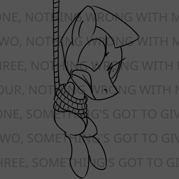 Size: 800x800 | Tagged: safe, artist:unitxxvii, derpibooru import, oc, unofficial characters only, earth pony, pony, bodies, drowning pool, floppy ears, gray background, grayscale, gritted teeth, hanging, image, monochrome, png, rope, simple background, solo, song reference, teeth, text, tied up