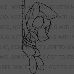 Size: 800x800 | Tagged: safe, artist:unitxxvii, derpibooru import, oc, unofficial characters only, earth pony, pony, bodies, drowning pool, floppy ears, gray background, grayscale, gritted teeth, hanging, image, monochrome, png, rope, simple background, solo, song reference, teeth, text, tied up