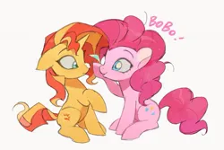 Size: 1181x789 | Tagged: safe, artist:bilidongdong, derpibooru import, pinkie pie, sunset shimmer, earth pony, pony, unicorn, boop, drink umbrella, duo, duo female, female, floppy ears, food, g4, horn, image, jpeg, looking at each other, looking at someone, mare, simple background, smiling, whipped cream, white background